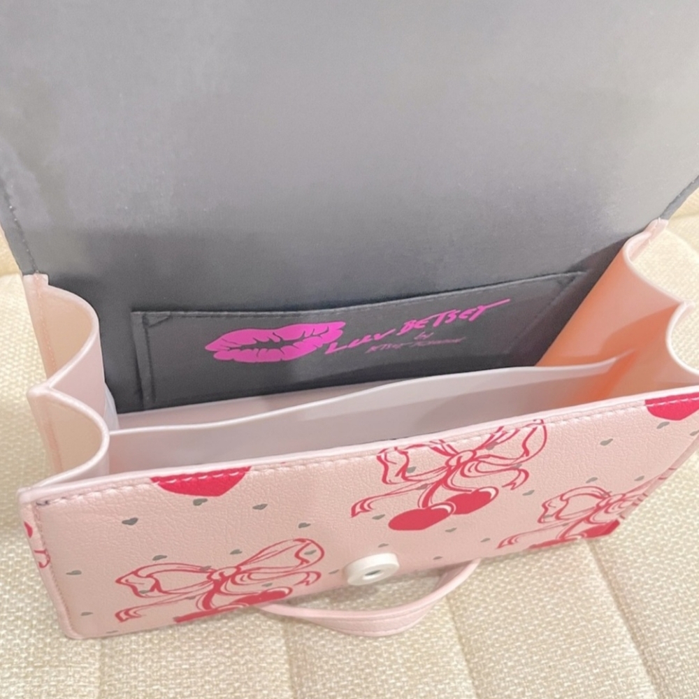 Betsey Johnson LBevie Coquette Bow Cherry Hearts Pink Satchel Crossbody Purse - Picture 12 of 13